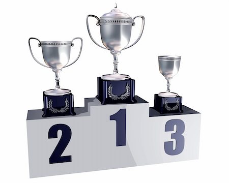 Illustration of highly polished trophies on a podium showing first, second and third places Stock Photo - Budget Royalty-Free & Subscription, Code: 400-04574597