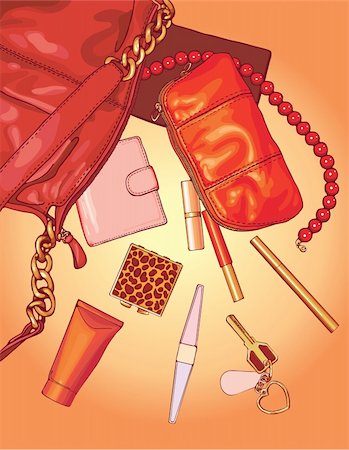 purse lips - Red bag with typical woman things and accessories Stock Photo - Budget Royalty-Free & Subscription, Code: 400-04576994