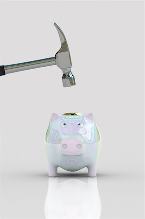 Piggy Bank with a scared facial expression when a hammer is about to smash it Stock Photo - Budget Royalty-Free & Subscription, Code: 400-04571539