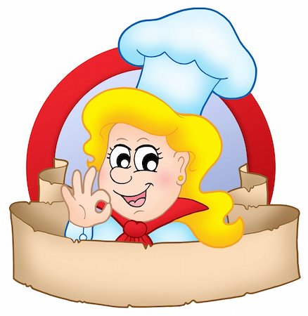 Cartoon chef woman logo with banner - color illustration. Stock Photo - Budget Royalty-Free & Subscription, Code: 400-04586838