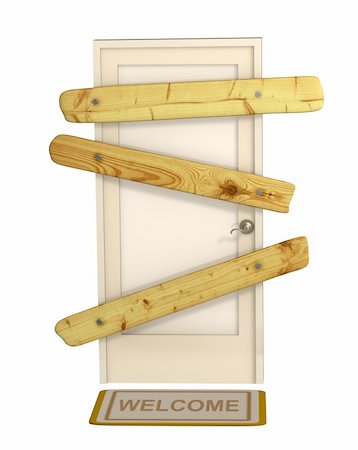 door welcome doormat - 3d door closed by wooden boards Photographie de stock - Aubaine LD & Abonnement, Code: 400-04597385