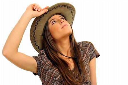 Half body view of young fashion model in country wear with cowboy hat. Isolated on white background. Stock Photo - Budget Royalty-Free & Subscription, Code: 400-04598171