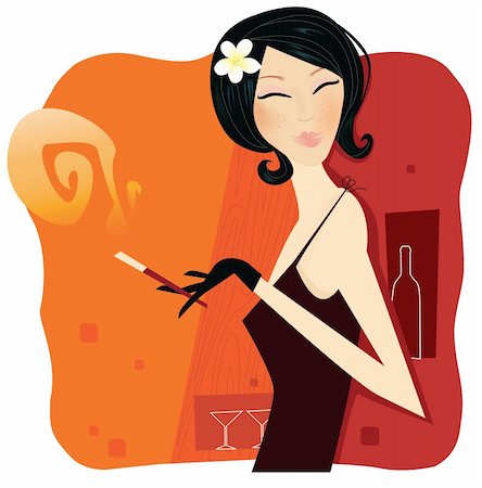 Young woman holding smoking cigar. Vector Illustration. Vintage portrait with retro feeling of 1920s style. Ai, eps included. Stock Photo - Budget Royalty-Free & Subscription, Code: 400-04593011