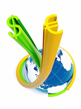 simsearch:400-05686284,k - three-dimensional shape, blue glossy globe with white continent map and two stripes in the form of a dollar and euro signs twisted around the globe Stock Photo - Budget Royalty-Free & Subscription, Code: 400-04605559