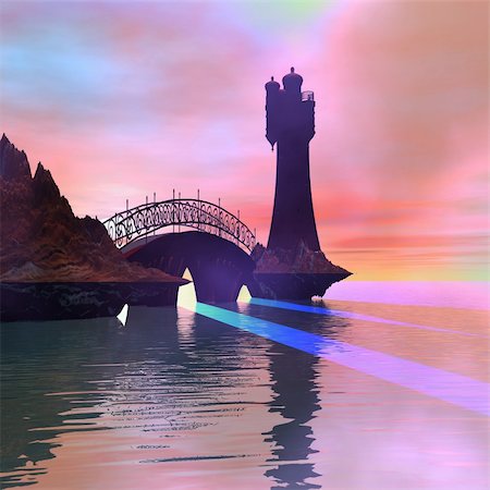 simsearch:400-07405238,k - Fantasy lighthouse and bridge. Foto de stock - Super Valor sin royalties y Suscripción, Código: 400-04600964