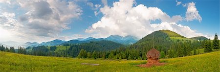 simsearch:400-05719580,k - Summer mountain green meadow with stack of hay (Carpathian Mt-s, Ukraine). Seven shots stitch image. Photographie de stock - Aubaine LD & Abonnement, Code: 400-04601082