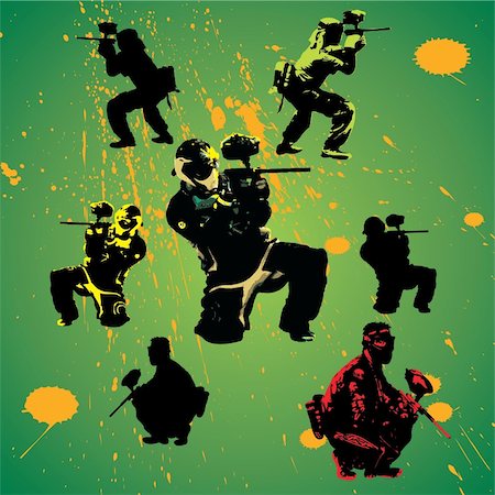 extreme sport art drawing - paintball players silhouettes with grunge drops, vector illustration Stock Photo - Budget Royalty-Free & Subscription, Code: 400-04617825