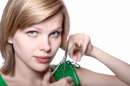simsearch:400-04021280,k - beautiful blonde girl is going to cut her hair with scissors, isolated on white Stock Photo - Budget Royalty-Free & Subscription, Code: 400-04624299