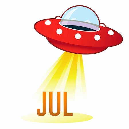 July calendar month icon on retro flying saucer UFO with light beam. Suitable for use on the web, in print, and on promotional materials. Stock Photo - Budget Royalty-Free & Subscription, Code: 400-04624695