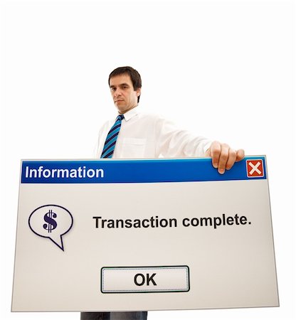 simsearch:400-03933798,k - Serious businessman showing transaction complete computer message - wide angle, isolated, focus on panel Stock Photo - Budget Royalty-Free & Subscription, Code: 400-04629624