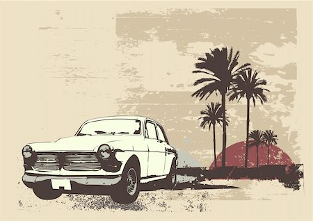 Vector illustration of vintage car on the beach with palms and sunset Stock Photo - Budget Royalty-Free & Subscription, Code: 400-04620805