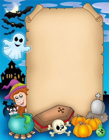 females in casket - Halloween parchment 1 - color illustration. Foto de stock - Super Valor sin royalties y Suscripción, Código: 400-04620858
