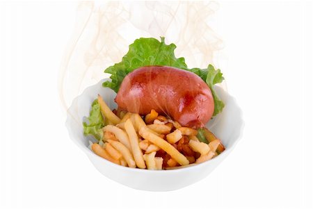 simsearch:400-04684204,k - Delicious sausages and French fried potatoes with smoke on white Photographie de stock - Aubaine LD & Abonnement, Code: 400-04621119
