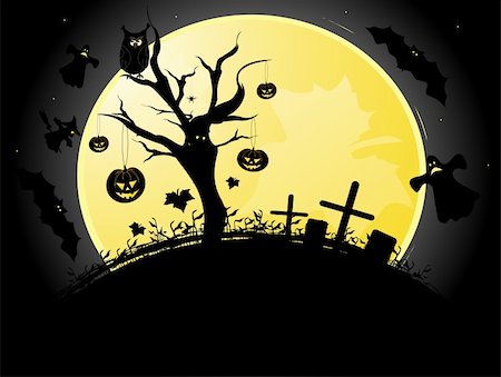 simsearch:400-05254177,k - Halloween illustration background with moon, tree, bats, witch and pumpkin Stock Photo - Budget Royalty-Free & Subscription, Code: 400-04638568