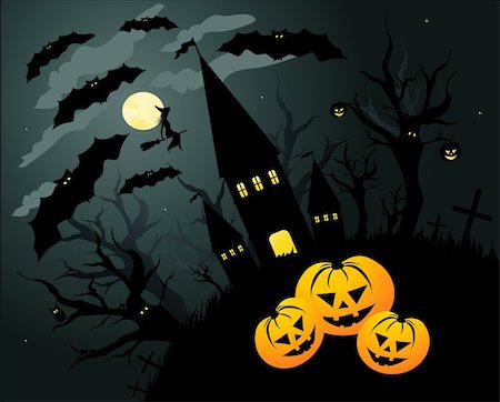 simsearch:400-05254177,k - Halloween illustration background with bats, witch and pumpkin Stock Photo - Budget Royalty-Free & Subscription, Code: 400-04638569