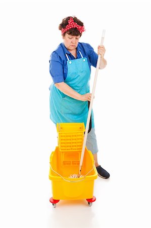 simsearch:400-07902993,k - Sad depressed cleaning lady wringing out her mop in a bucket.  Full body isolated. Photographie de stock - Aubaine LD & Abonnement, Code: 400-04631523