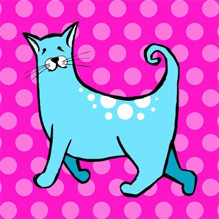 Cute cat with curly tail on light blue and pink background. Vector avaliable Stock Photo - Budget Royalty-Free & Subscription, Code: 400-04632557