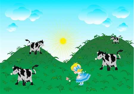 Illustration of the little girl walking on a meadow Stock Photo - Budget Royalty-Free & Subscription, Code: 400-04633173