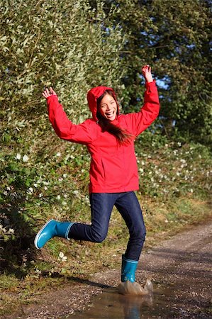 puddle in the rain - Puddle.Young Woman jumping happy in a puddle during autumn rain. Stock Photo - Budget Royalty-Free & Subscription, Code: 400-04645043