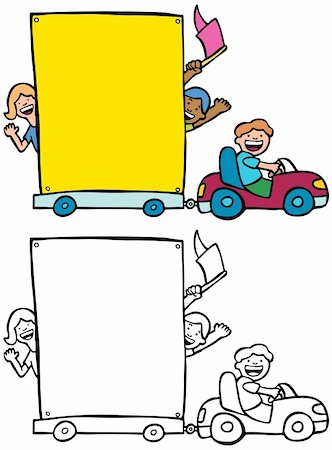 Cartoon image of happy people pulling a blank sign behind a vehicle - both color and black / white versions. Stock Photo - Budget Royalty-Free & Subscription, Code: 400-04646544