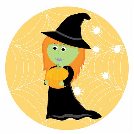 Cartoon cute little witch with pumpkin. Vector illustration Stock Photo - Budget Royalty-Free & Subscription, Code: 400-04648563