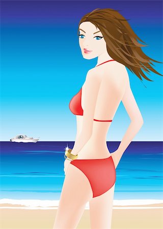 summer body cartoon - red bikini girl standing by the sea in summer Stock Photo - Budget Royalty-Free & Subscription, Code: 400-04640187