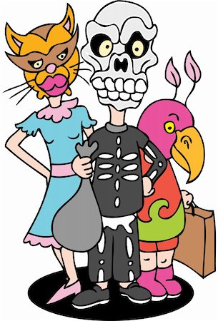 Three kids in costume dressed as a cat, skeleton, and bird for Halloween - trick or treat. Stock Photo - Budget Royalty-Free & Subscription, Code: 400-04642591