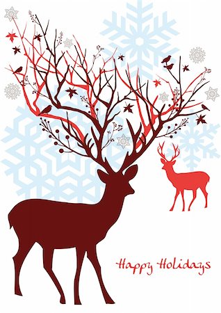 reindeer in snow - Christmas deer with ornaments and snowflakes, vector xmas card Stock Photo - Budget Royalty-Free & Subscription, Code: 400-04654192