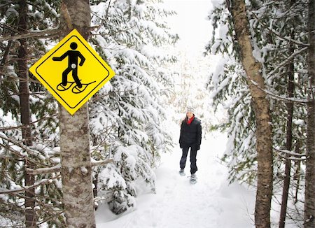 simsearch:400-05118687,k - Snowshoes. Young woman snowshoeing in pine forest near Baie Saint-Paul, Quebec, Canada. Stock Photo - Budget Royalty-Free & Subscription, Code: 400-04657945