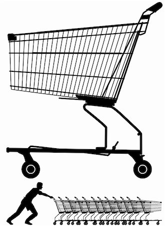 shoving - Editable vector illustration of a shopping trolley silhouette plus a worker pushing them Stock Photo - Budget Royalty-Free & Subscription, Code: 400-04651874