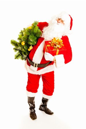 simsearch:400-06462885,k - Santa Claus carrying Christmas tree and a presnt box Stock Photo - Budget Royalty-Free & Subscription, Code: 400-04652300