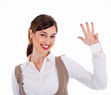 simsearch:400-04607386,k - Beautiful young model raising her hand up and showing four fingers on a white isolated background Stock Photo - Budget Royalty-Free & Subscription, Code: 400-04661180