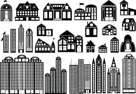 Set of black symbols of different buildings Stock Photo - Budget Royalty-Free & Subscription, Code: 400-04663610