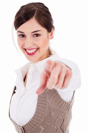 simsearch:400-04158321,k - Portrait of young brunette women smiling and pointing at you on a white isolated background Stock Photo - Budget Royalty-Free & Subscription, Code: 400-04674593