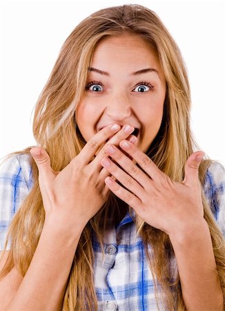 simsearch:400-04158321,k - Closeup of young women covering her mouth with both hands on a white isolated background Stock Photo - Budget Royalty-Free & Subscription, Code: 400-04674650