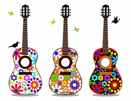 Three guitars with flowers on the white, colored music instruments, full scalable vector graphic included Eps v8 and 300 dpi JPG, change the colors as you like. Stock Photo - Budget Royalty-Free & Subscription, Code: 400-04676324