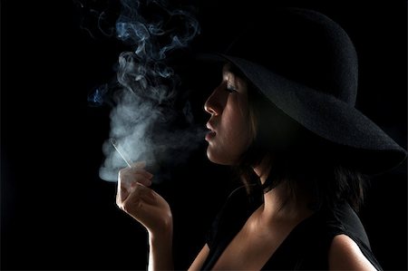 Asian girl puffs on her cigarette in the dark Stock Photo - Budget Royalty-Free & Subscription, Code: 400-04676834