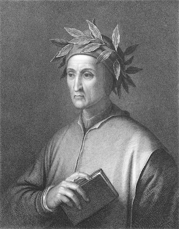 simsearch:400-05228888,k - Dante Alighieri (1265 -1321) on engraving from the 1800s. Italian poet of the Middle Ages. Engraved by C.E. Wagstaff from a print by Raffaelle Morghen after a picture by Jofanelli and published in London by Charles Knight, Pall Mall East. Stock Photo - Budget Royalty-Free & Subscription, Code: 400-04676986