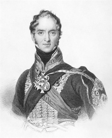 simsearch:400-05685013,k - Henry Paget, 1st Marquess of Anglesey (1768-1854) on engraving from the 1800s. British military leader and politician, mostly remembered for leading the charge of the heavy cavalry against d'Erlon's column during the Battle of Waterloo. Published in London by Henry Colburn in 1839. Stock Photo - Budget Royalty-Free & Subscription, Code: 400-04677025