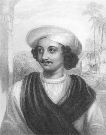 simsearch:400-05228888,k - Kasiprasad Ghosh (1809-1873) on engraving from the 1800s. Indian Poet. Engraved by J.Cochran after a painting from J.Drummond and published in London by Fisher, Son & Co in 1834. Stock Photo - Budget Royalty-Free & Subscription, Code: 400-04677087