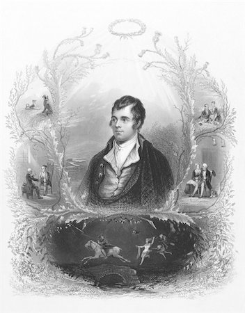 simsearch:400-05228888,k - Robert Burns (1759-1796) on engraving from the 1800s. Scottish poet and lyricist. The national poet of Scotland.  Engraved by A.H. Payne and published in London by Brain & Payne 12 Paternoster Row. Stock Photo - Budget Royalty-Free & Subscription, Code: 400-04677174