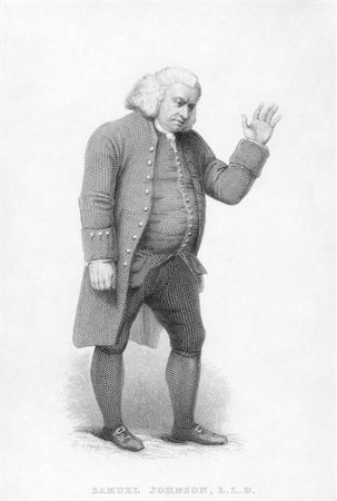 simsearch:400-05228888,k - Samuel Johnson (1709-1784) on engraving from the 1800s. English author who made lasting contributions to English literature as a poet, essayist, moralist, literary critic, biographer, editor and lexicographer. From a painting in the possesion of Archdeacon Cambridge. Stock Photo - Budget Royalty-Free & Subscription, Code: 400-04677188