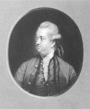 simsearch:400-05685013,k - Edward Gibbon (1737-1794) on engraving from the 1800s. English historian and Member of Parliament. Engraved by W.Holl after a picture by J.Reynolds and published in London by Charles Knight, Ludgate Street. Stock Photo - Budget Royalty-Free & Subscription, Code: 400-04677570