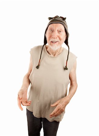 Crazy senior man in ragged t-shirt and knit cap Stock Photo - Budget Royalty-Free & Subscription, Code: 400-04671075