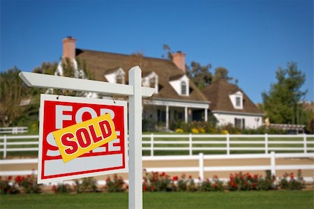 simsearch:400-05153483,k - Sold Home For Sale Real Estate Sign in Front of New House. Stock Photo - Budget Royalty-Free & Subscription, Code: 400-04680477