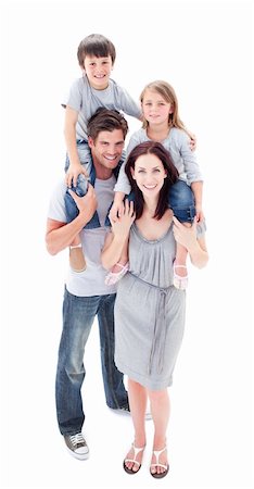 Smiling parents giving their children piggyback ride against a white background Stock Photo - Budget Royalty-Free & Subscription, Code: 400-04696627