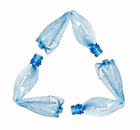 simsearch:400-04917651,k - three blue plastic water bottles bent and put together to make up recycle symbol. Objects isolated on white, no shadow Stock Photo - Budget Royalty-Free & Subscription, Code: 400-04698721