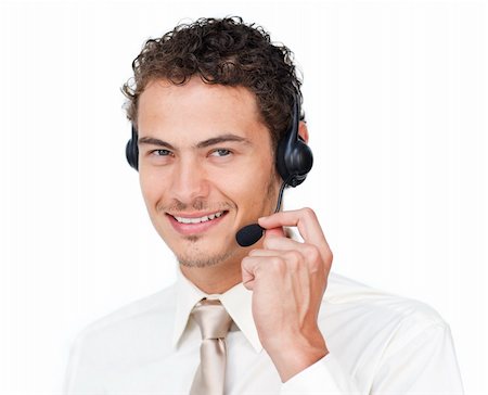 simsearch:400-05145011,k - Happy customer service agent with headset on isolated on a white background Stock Photo - Budget Royalty-Free & Subscription, Code: 400-04691251