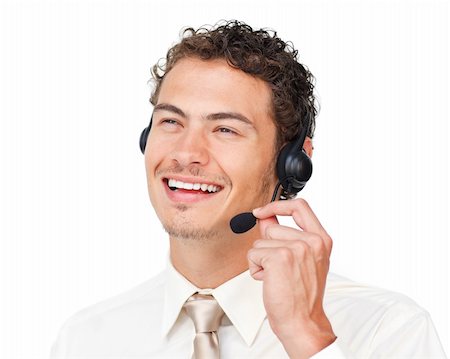 simsearch:400-05145011,k - Delighted customer service agent with headset on against a white background Stock Photo - Budget Royalty-Free & Subscription, Code: 400-04691270