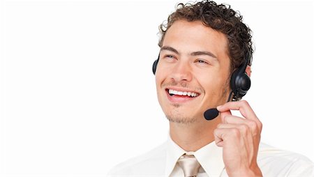 simsearch:400-05145011,k - Joyful businessman using headset isolated on a white background Stock Photo - Budget Royalty-Free & Subscription, Code: 400-04691271